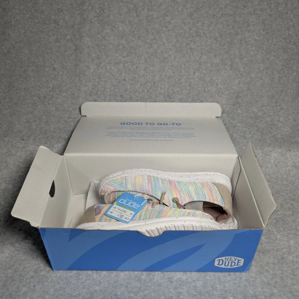 Hey Dude Wendy Youth Size 3 Stretch Aurora White Rainbow Striped Slip On Shoes
